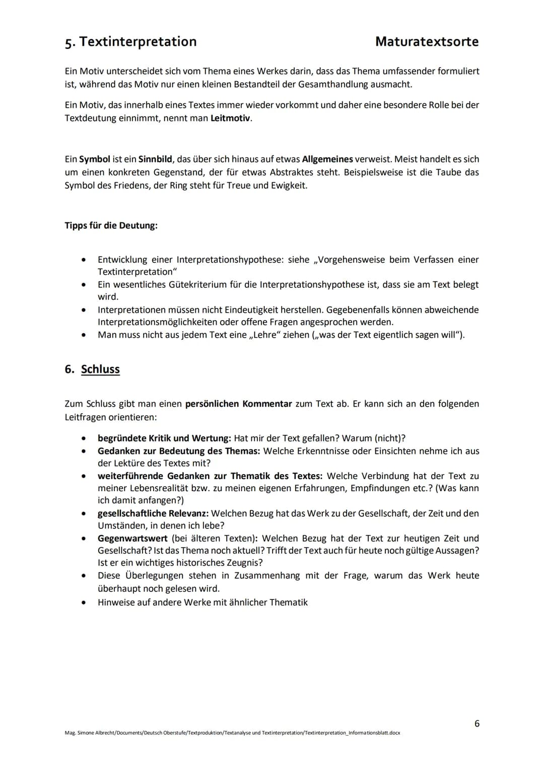 5. Textinterpretation

Die Textinterpretation umfasst folgende Aspekte:

Einleitung
Eckdaten des Ausgangstextes
Thema des zu interpretierend