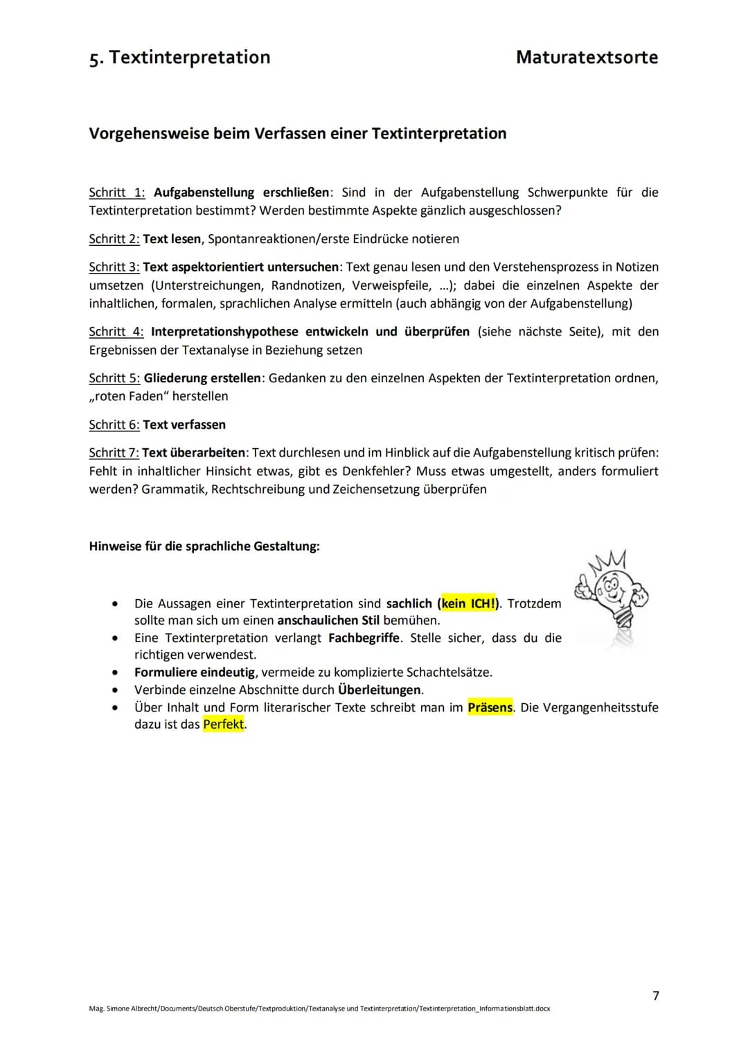 5. Textinterpretation

Die Textinterpretation umfasst folgende Aspekte:

Einleitung
Eckdaten des Ausgangstextes
Thema des zu interpretierend