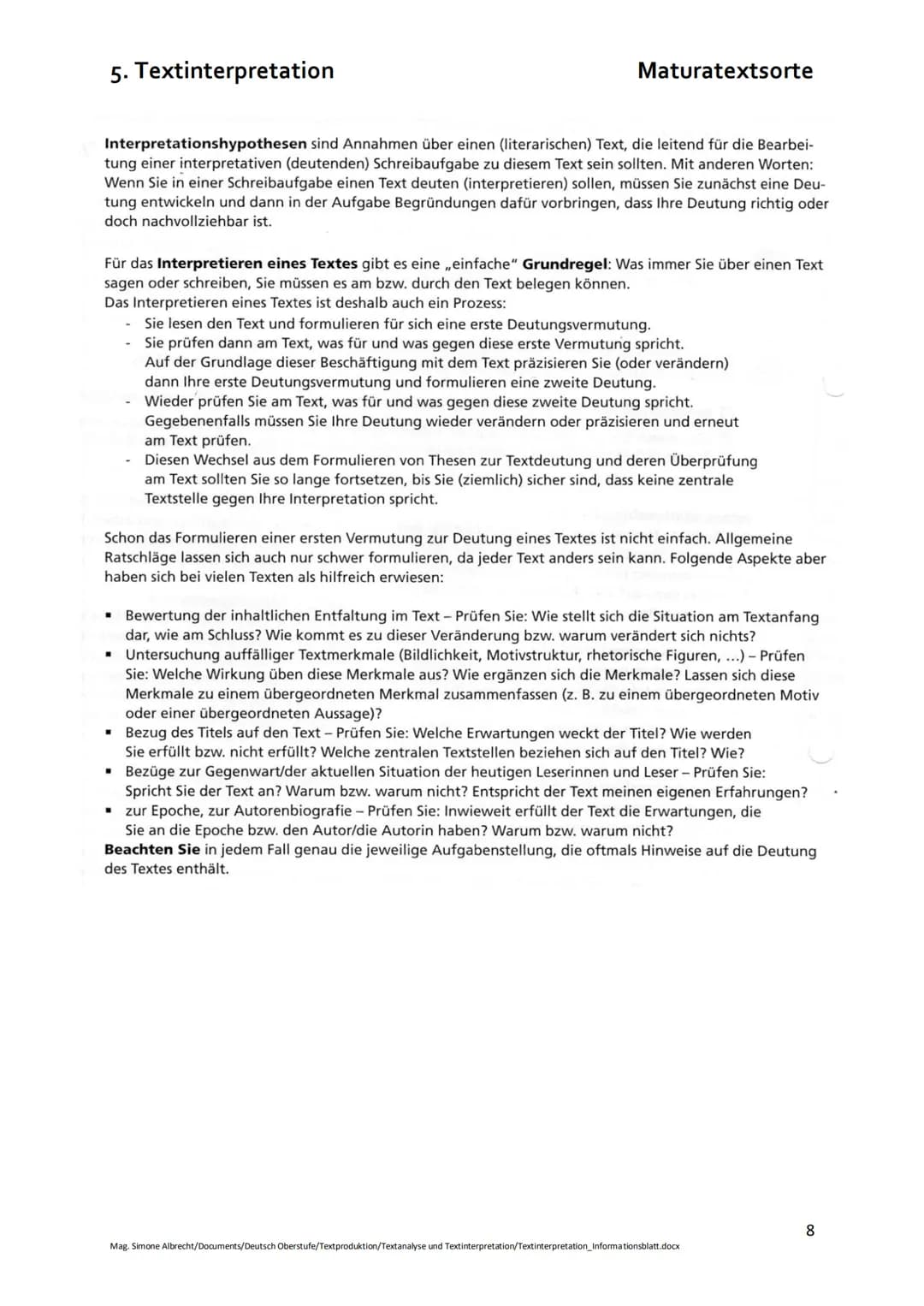 5. Textinterpretation

Die Textinterpretation umfasst folgende Aspekte:

Einleitung
Eckdaten des Ausgangstextes
Thema des zu interpretierend