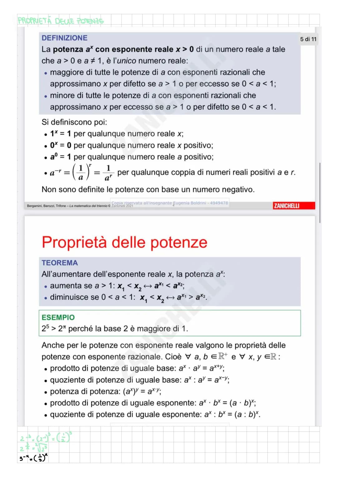 # PROPRIETA DELLE POTENZE

DEFINIZIONE

La potenza aˣ con esponente reale x > 0 di un numero reale a tale
che a > 0 e a ≠ 1, è l'unico numer