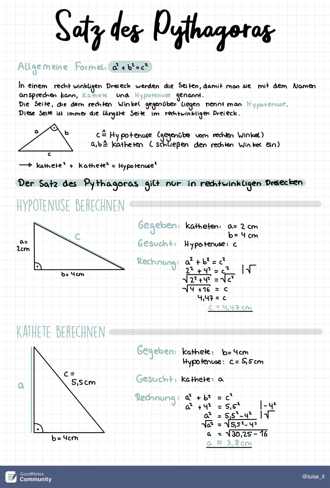 # Satz des Pythagoras

Allgemeine Formeli a² + b²=c²

In einem recht winkligen Dreieck werden die Seiten, damit man sie mit dem Namen
anspre