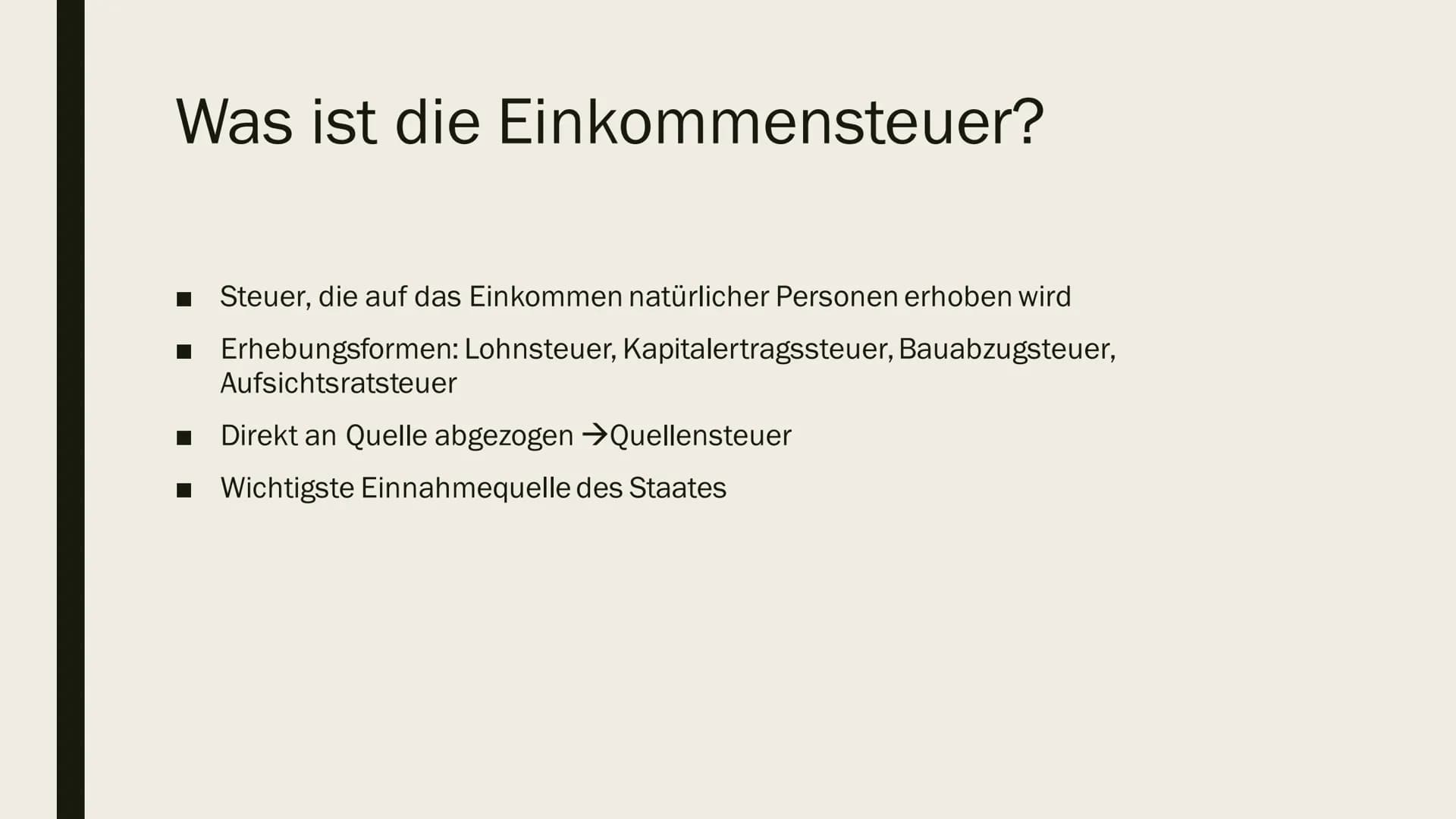 EINKOMMENSTEUER

Und Einkommensteuererklärung # Gliederung

- Was ist die Einkommensteuer?
- Wer zahlt wie viel Steuern?
- Freibetrag
- Eink