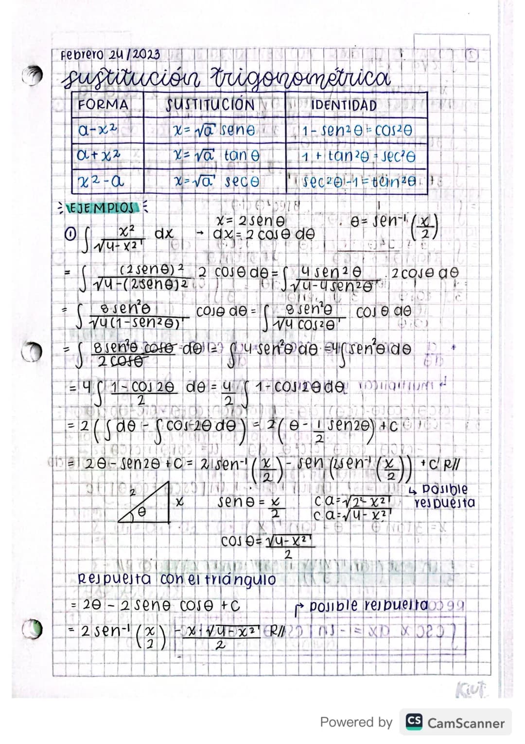 Febrero 24/2023
sustitución trigonométrica
| FORMA | SUSTITUCIÓN | IDENTIDAD |
|---|---|---|
| a-x2 | $x=\sqrt{a}$ sene | 1-senze COSZO |
| 