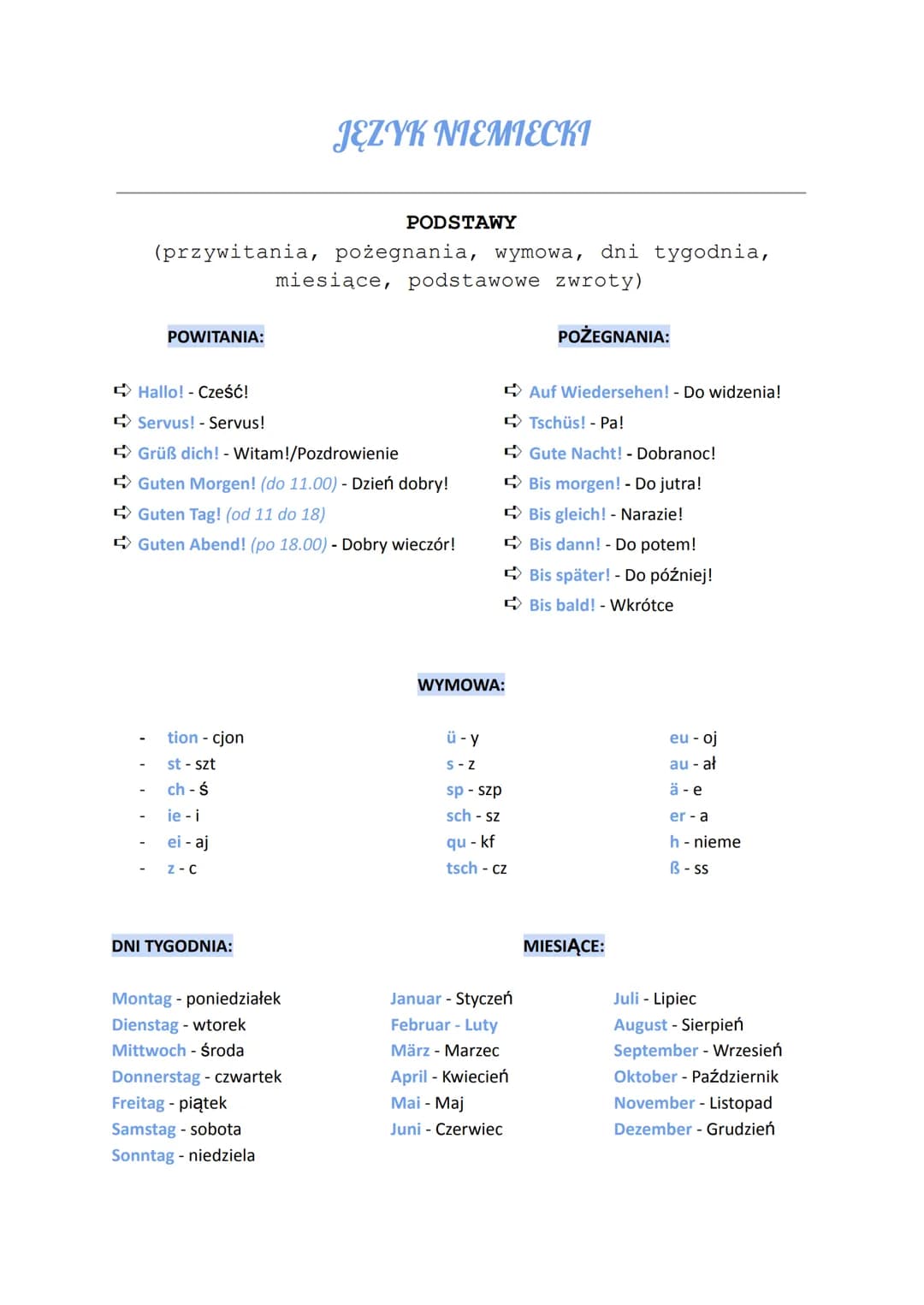 # JĘZYK NIEMIECKI

PODSTAWY
(przywitania, pożegnania, wymowa, dni tygodnia,
miesiące, podstawowe zwroty)

POWITANIA:

*   Hallo! - Cześć!
* 
