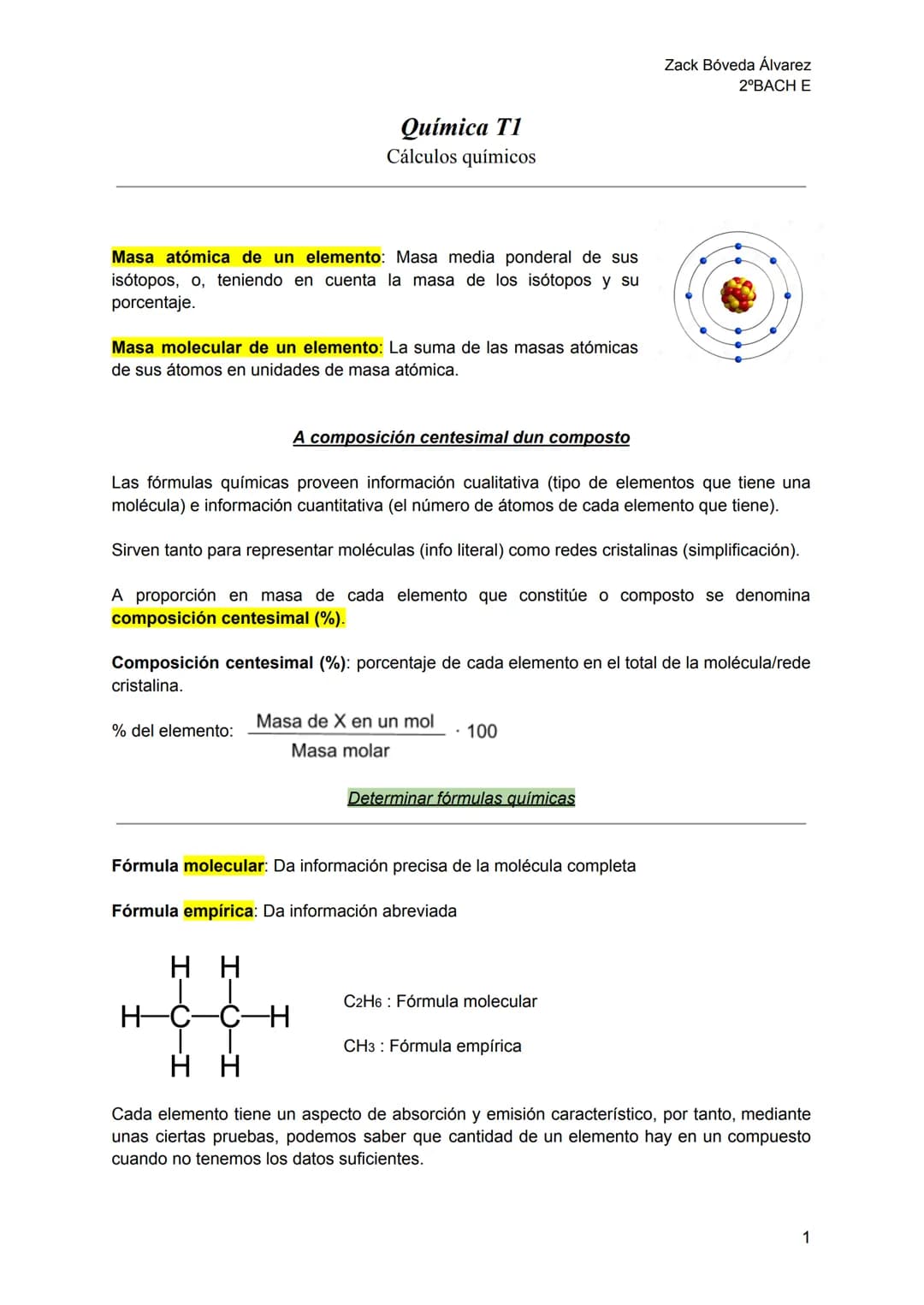 Química T1
Cálculos químicos

Masa atómica de un elemento: Masa media ponderal de sus
isótopos, o, teniendo en cuenta la masa de los isótopo