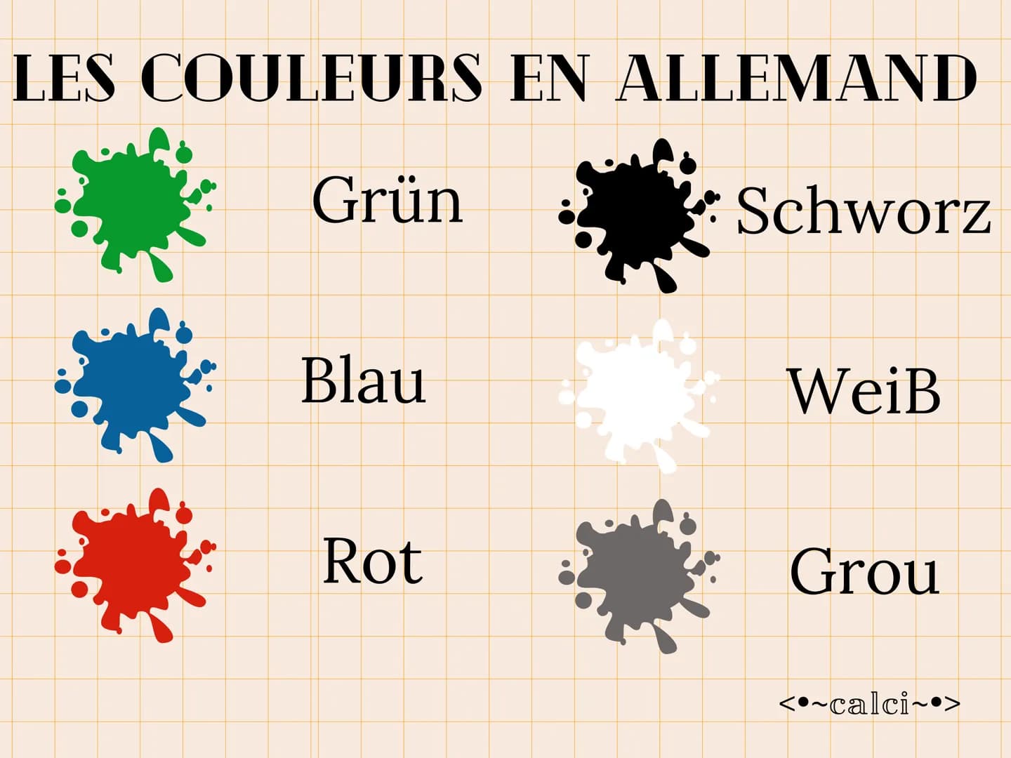 # LES COULEURS EN ALLEMAND

Grün

Schworz

Blau

WeiB

Rot

Grou

<~calci~•> LES COULEURS EN ALLEMAND

Gelb
Broun
Rosa
Orange
Violett
<~calc