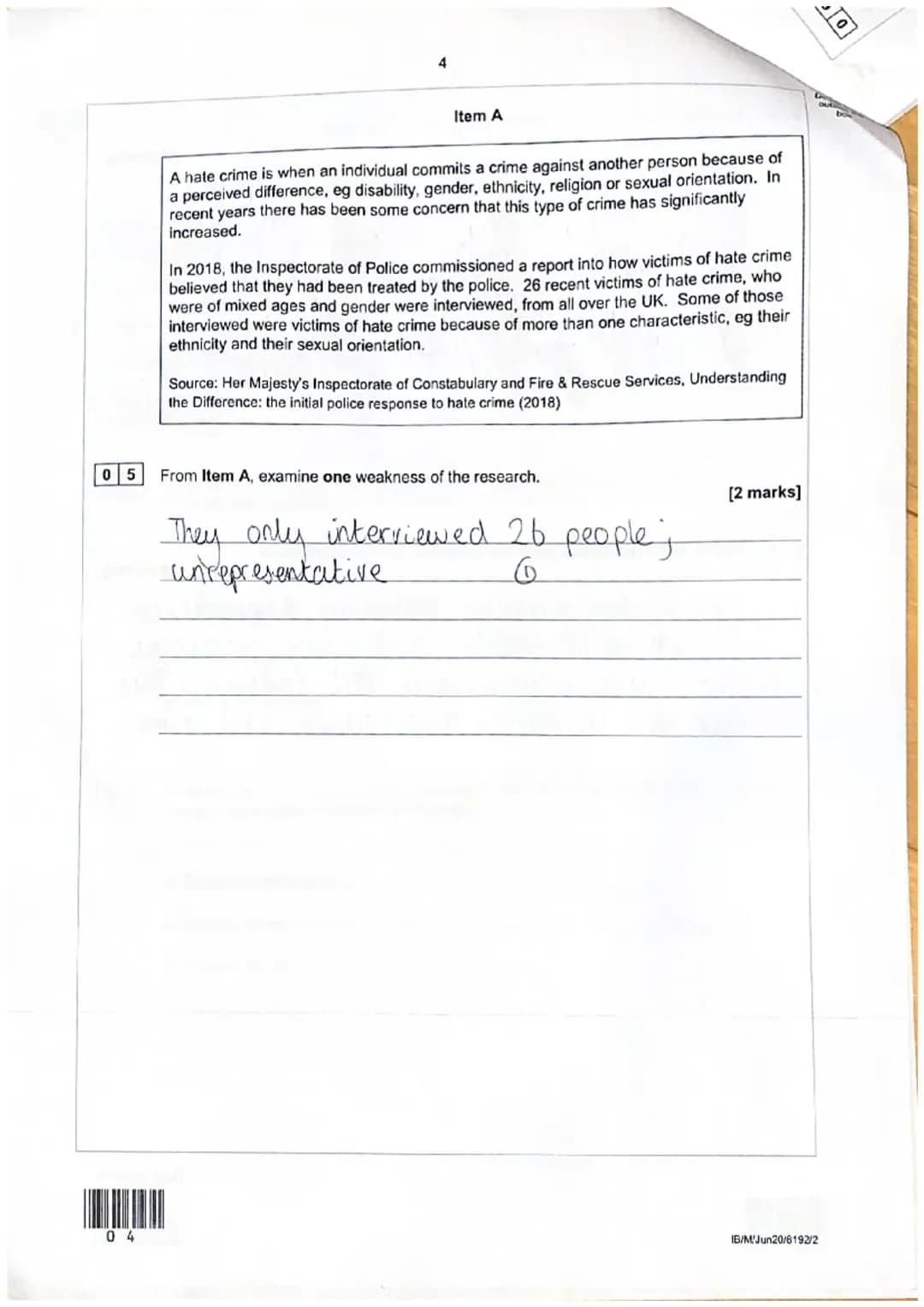 2

Section A: Crime and Deviance
Answer all questions in this section.

Only one answer per question is allowed.
For each answer completely 