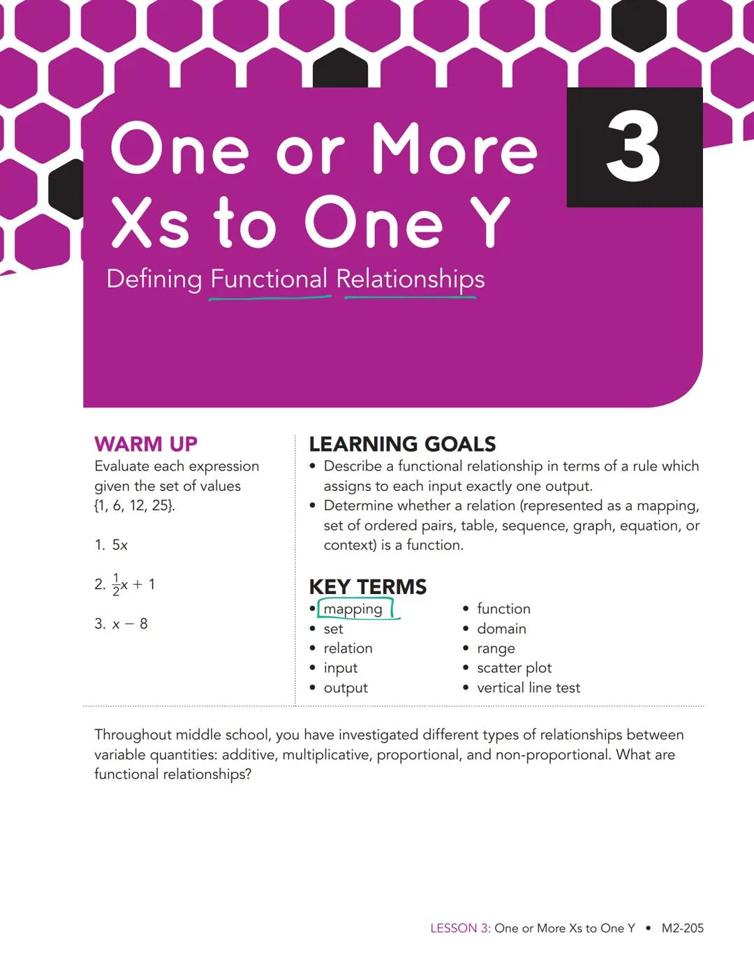 # One or More 3
Xs to One Y
Defining Functional Relationships

WARM UP
Evaluate each expression
given the set of values
{1, 6, 12, 25).

1. 
