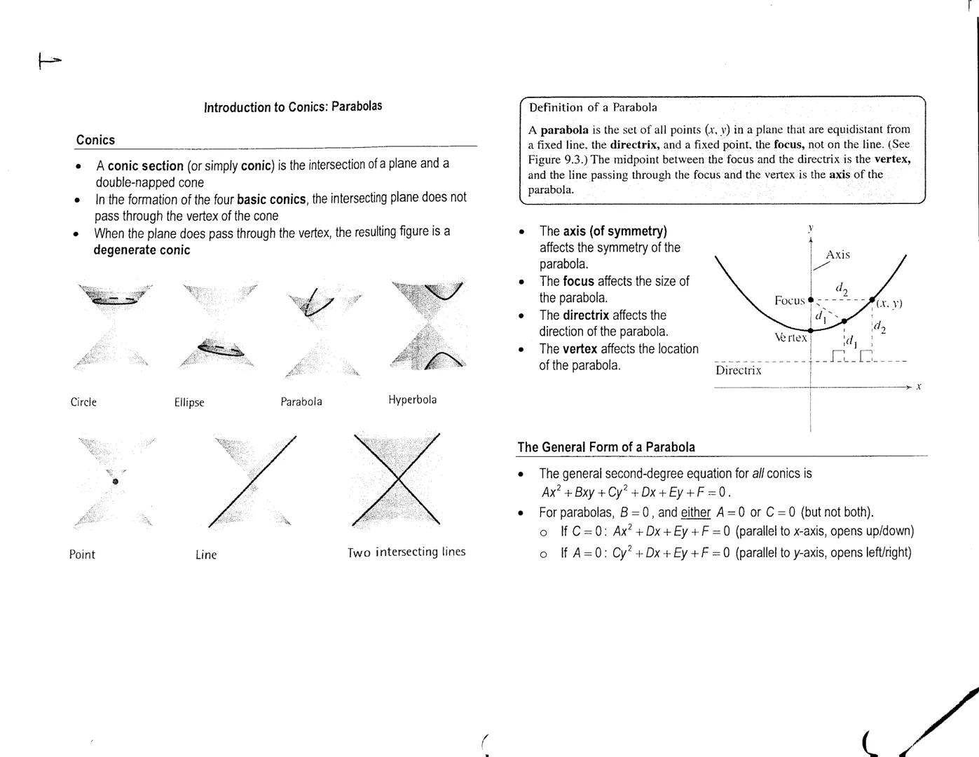Conics
Introduction to Conics: Parabolas
- A conic section (or simply conic) is the intersection of a plane and a
double-napped cone
- In th