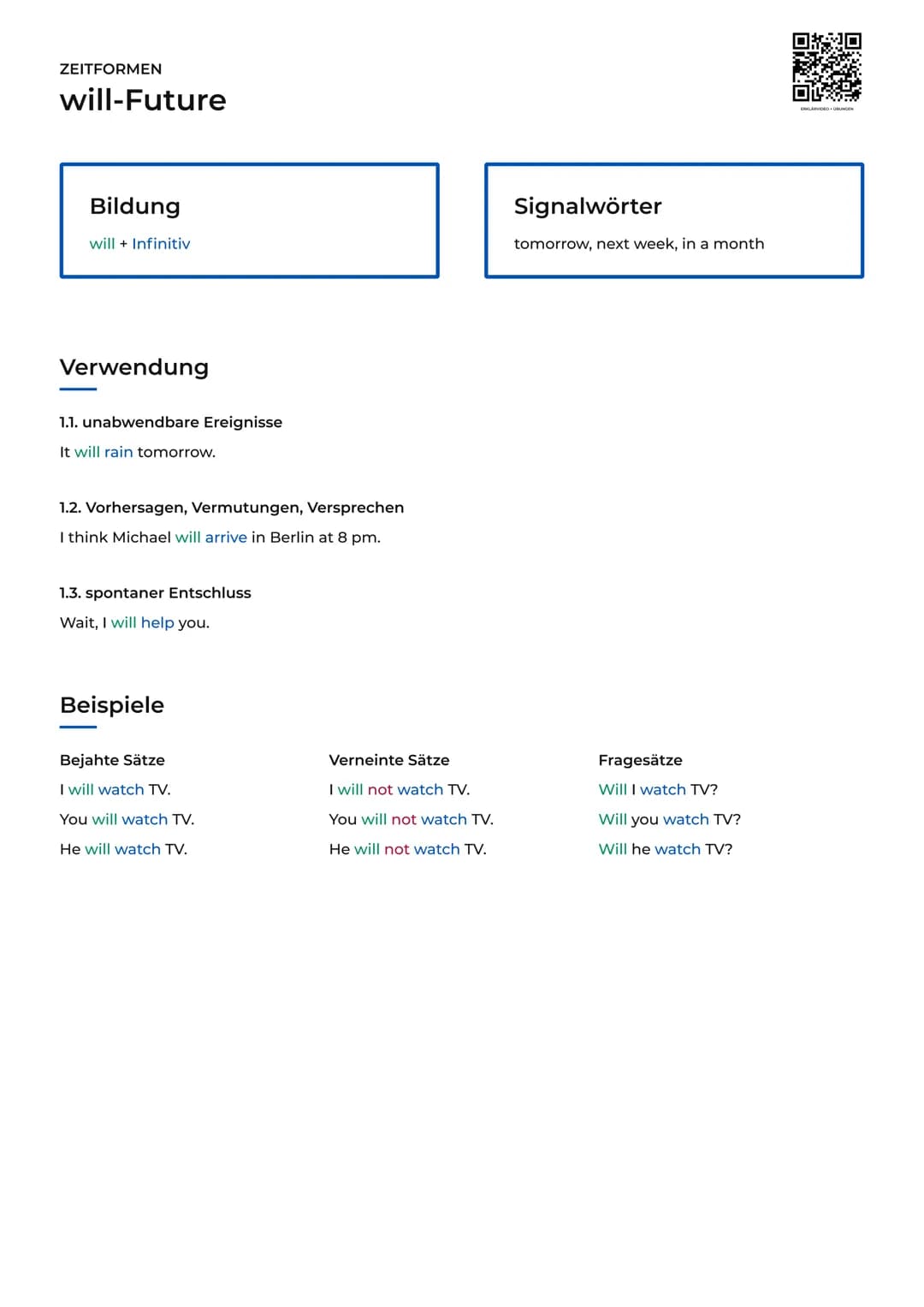 ZEITFORMEN

will-Future

Bildung

will + Infinitiv

Signalwörter

tomorrow, next week, in a month

Verwendung

1.1. unabwendbare Ereignisse
