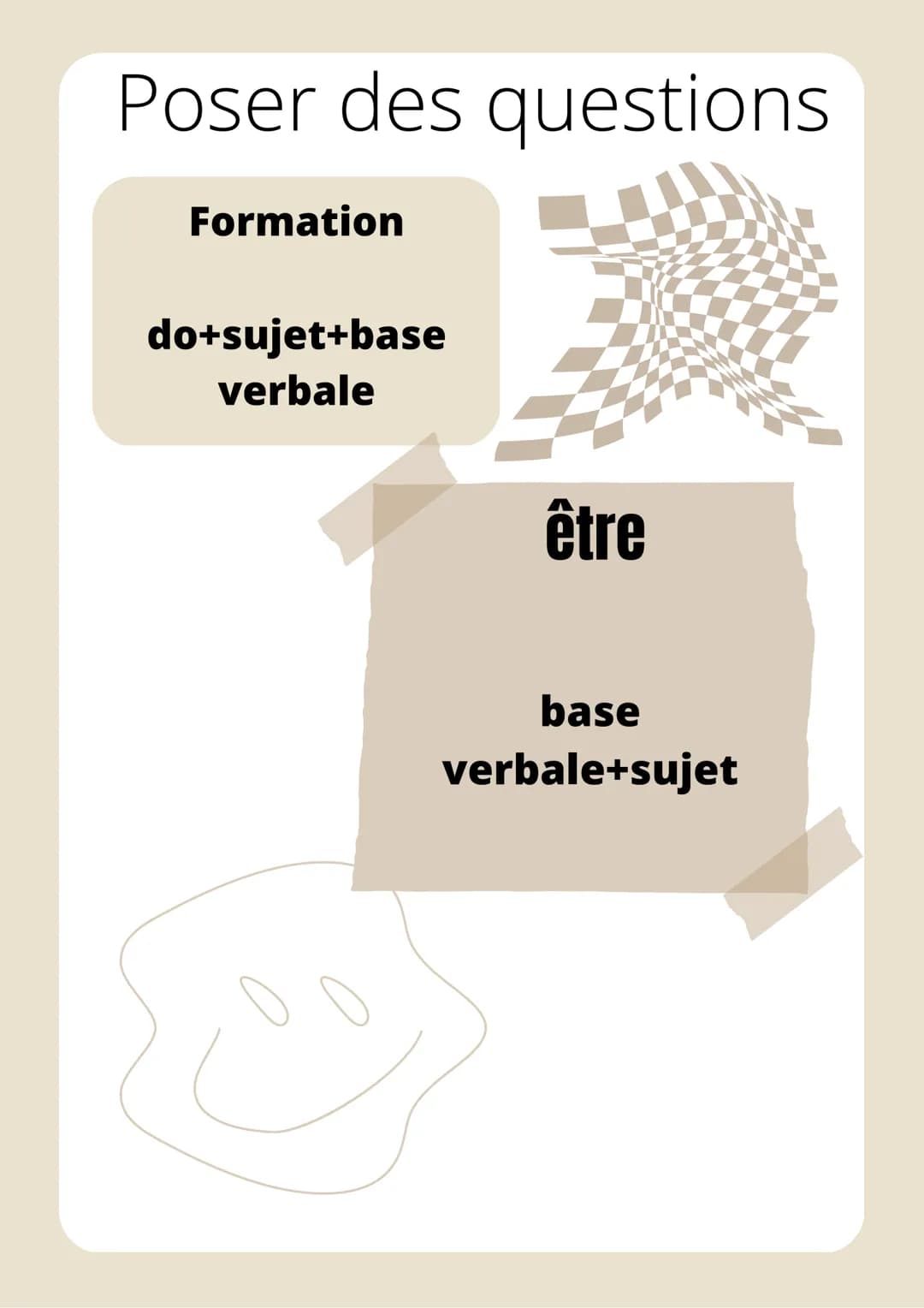 # Present

Formation

infinitif (sans to) +
terminaison

To be
i am
You are
He/she/it is
we are
you are
they are

Pour conjuguer
au présent 