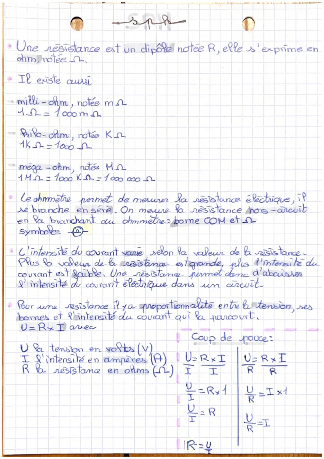 sp

• Une resistance est un dipôle notée R, elle s'exprime en
ohm, roteen.

• Il existe aussi

milli-ohm, notée m
1.5= 1000 m

Prilo-ohm, no