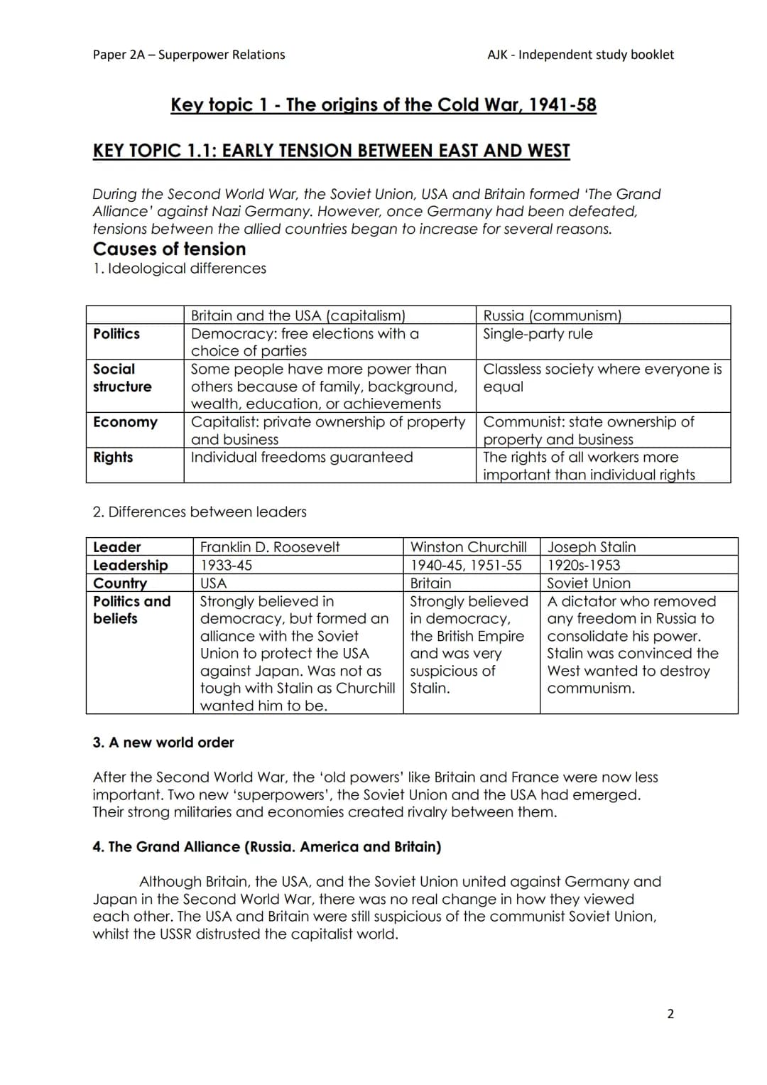 Paper 2A - Superpower Relations

AJK - Independent study booklet

Year 11 GCSE History

Paper 2A - Cold War

Information booklet

Soviet Uni