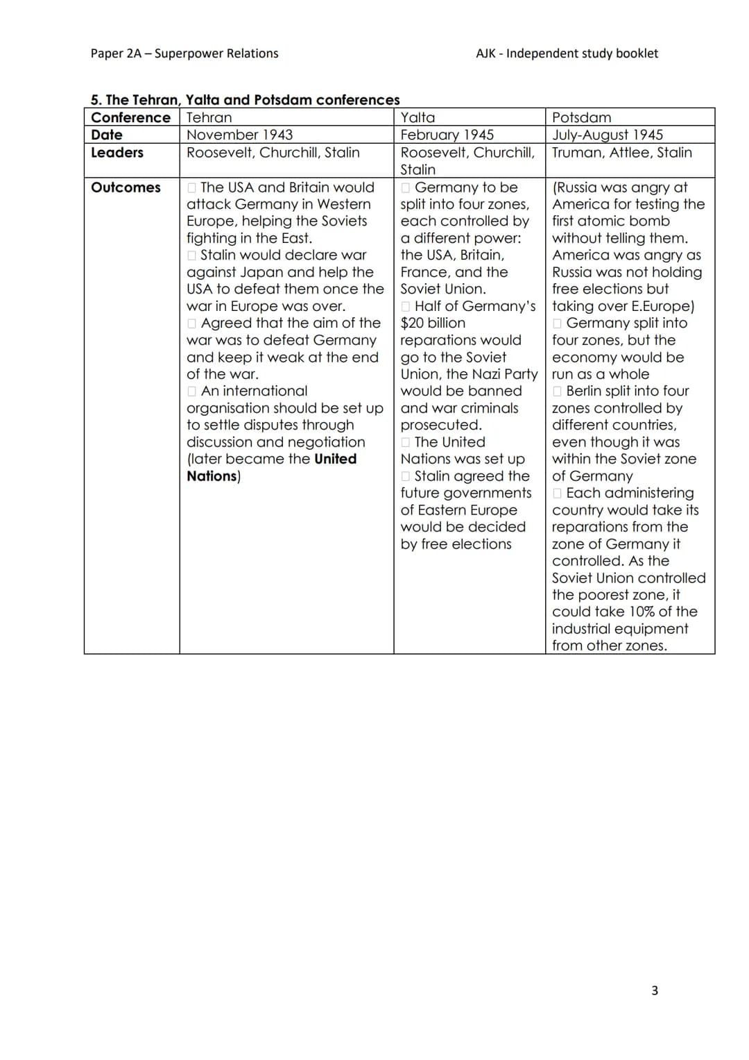 Paper 2A - Superpower Relations

AJK - Independent study booklet

Year 11 GCSE History

Paper 2A - Cold War

Information booklet

Soviet Uni