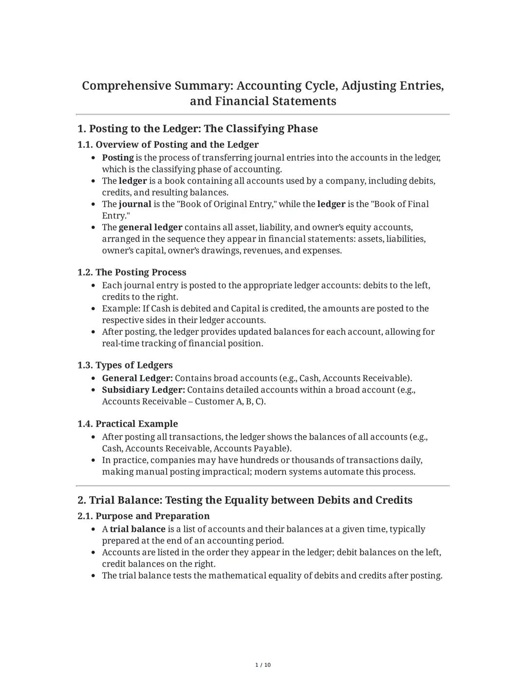 Comprehensive Summary: Accounting Cycle, Adjusting Entries,
and Financial Statements
1. Posting to the Ledger: The Classifying Phase
1.1. Ov