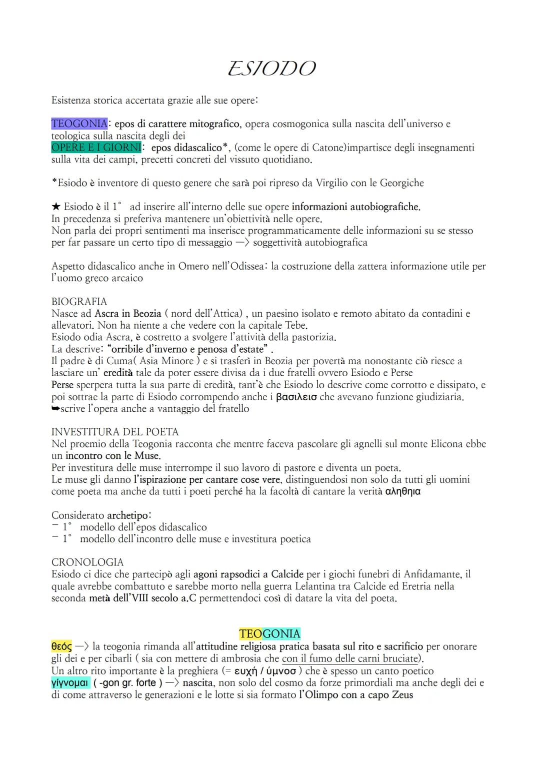 # ESIODO

Esistenza storica accertata grazie alle sue opere:

TEOGONIA: epos di carattere mitografico, opera cosmogonica sulla nascita dell'