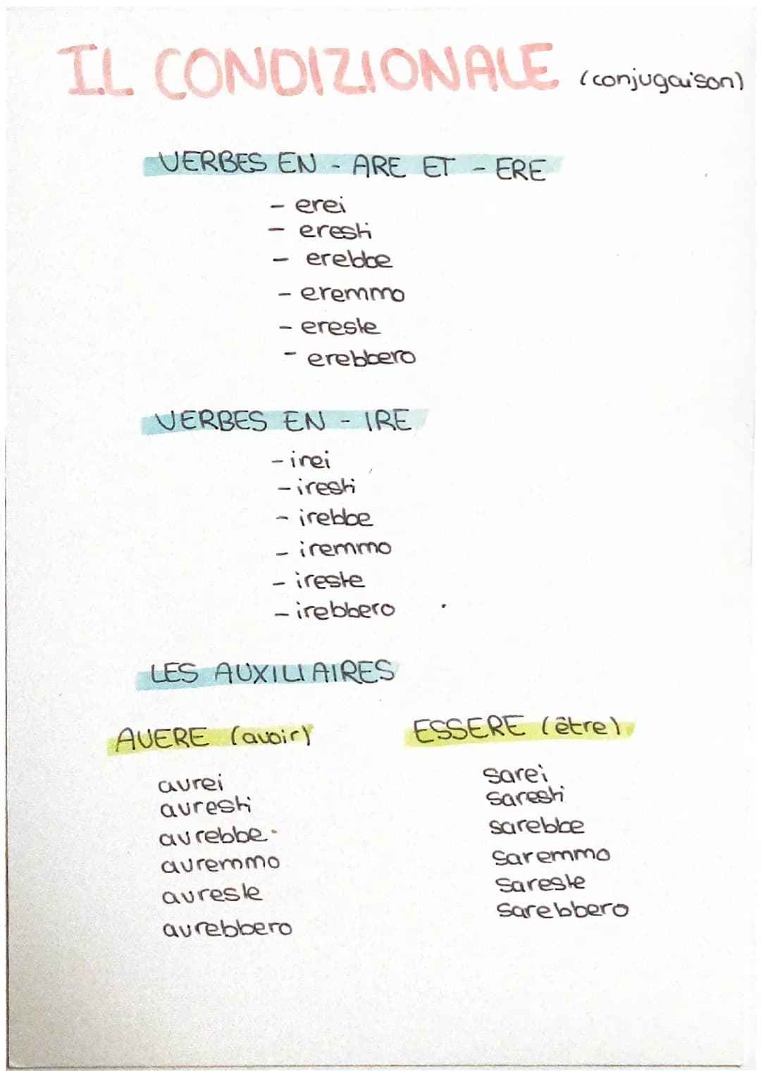 # IL CONDIZIONALE (conjugaison)

VERBES EN - ARE ET - ERE
- erei
- eresti
-erebbe
- eremmo
- eresle
- erebbero

VERBES EN - IRE
- irei
- ire