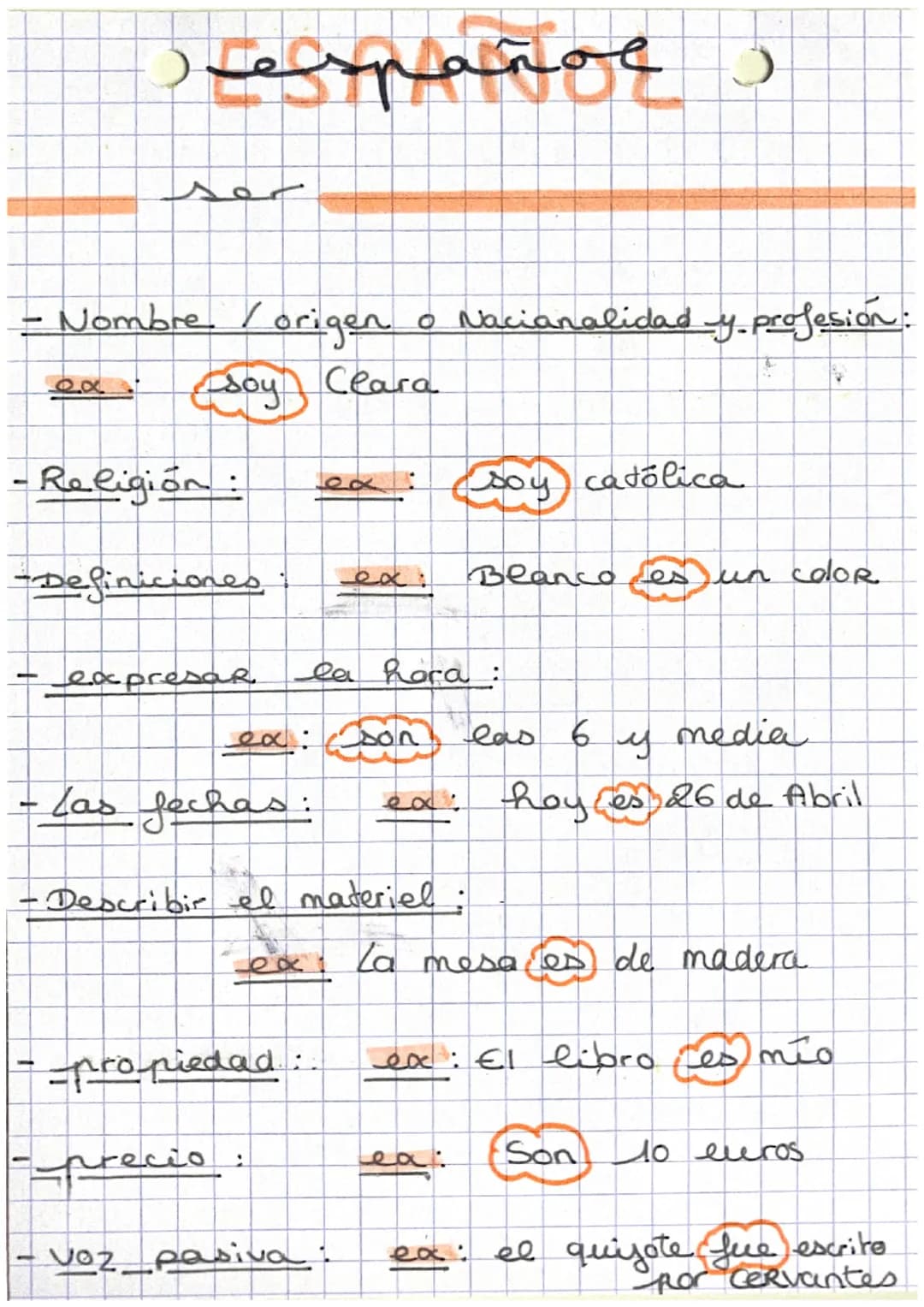 # Despañol)

ser

- Nombre / origen o Nacianalidad y profesión:
  ex: Soy Clara

- Religión:
  ex: soy católica

-Definiciones ex: Blanco es