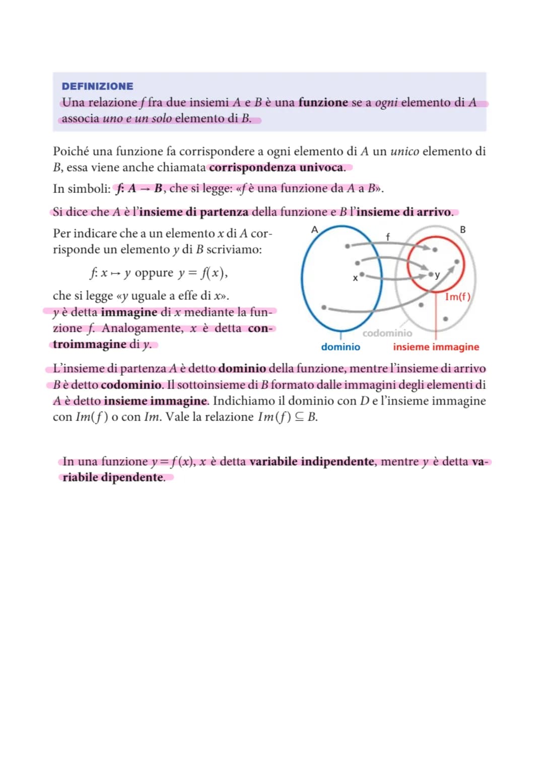 # DEFINIZIONE
Una relazione f fra due insiemi A e B è una funzione se a ogni elemento di A
associa uno e un solo elemento di B.

Poiché una 