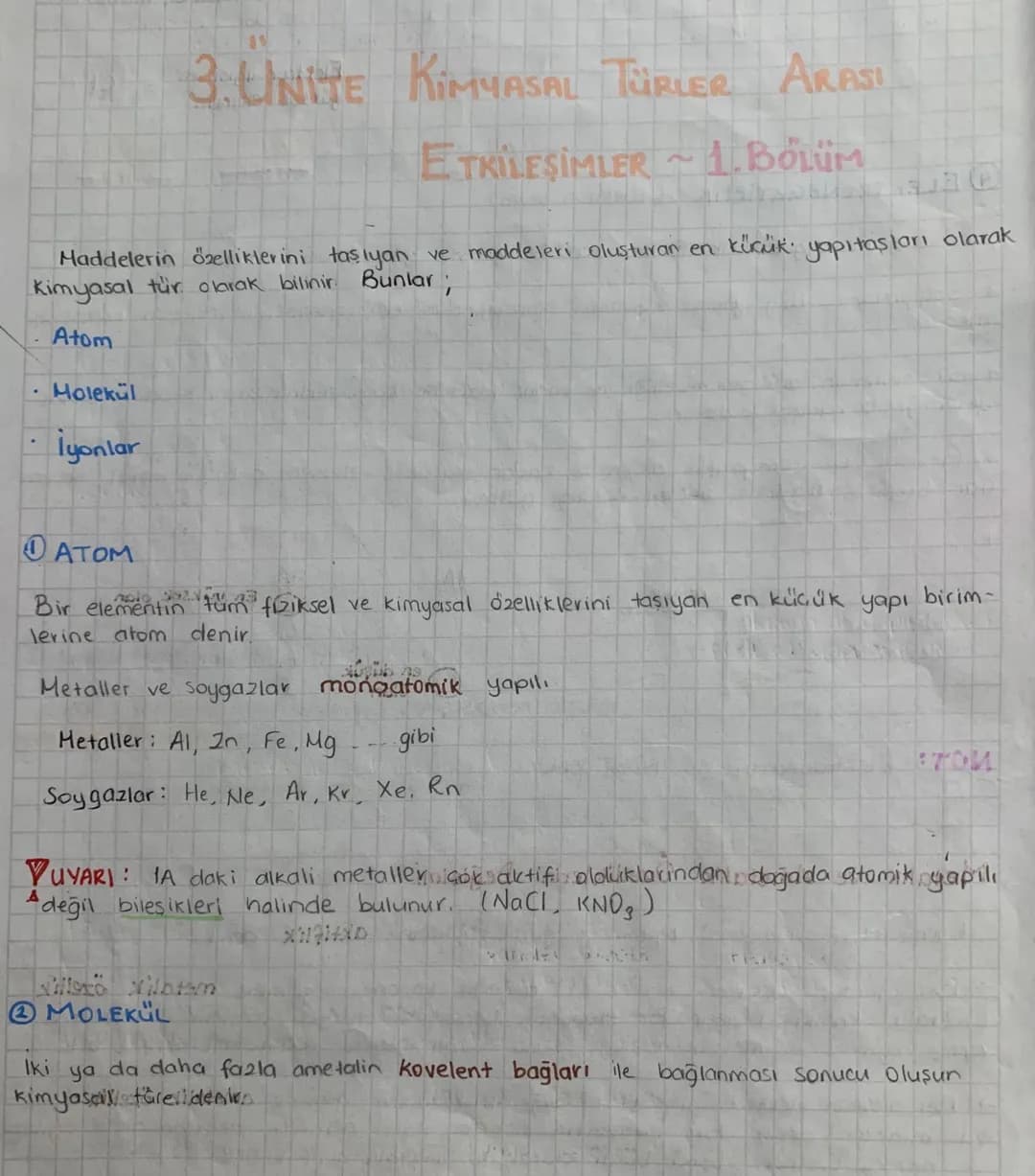# 3. UNITE KİMYASAL TÜRLER ARASI

ETKİLEŞİMLER ~ 1. BÖLÜM

Maddelerin özelliklerini taşıyan ve maddeleri oluşturan en küçük yapıtaşları olar