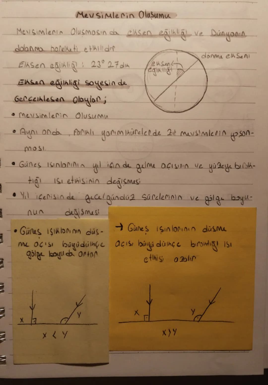 Mevsimlerin Oluşumu
Mevsimlerin Oluşmasında eksen eğikliği ve Dünyanın
dönme hareketi etkilidir
dönme ekseni
Eksen eğikliği: 23° 27'
eksek
e