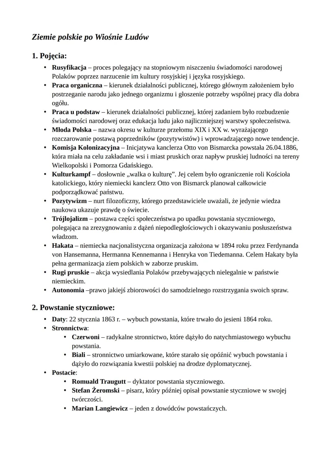 # Ziemie polskie po Wiośnie Ludów

1.  Pojęcia:

*   Rusyfikacja - proces polegający na stopniowym niszczeniu świadomości narodowej
    Pola