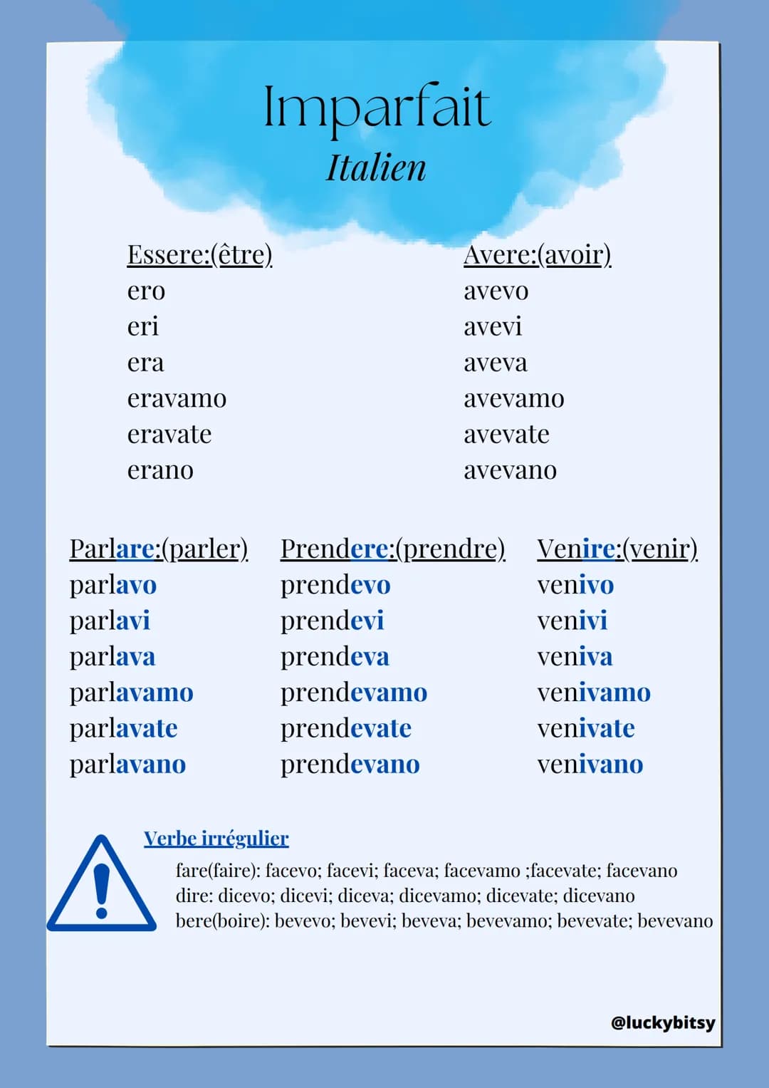 # Imparfait

Italien

Essere:(être)
Avere:(avoir)
ero
avevo
eri
avevi
era
aveva
eravamo
avevamo
eravate
avevate
erano
avevano

Parlare:(parl