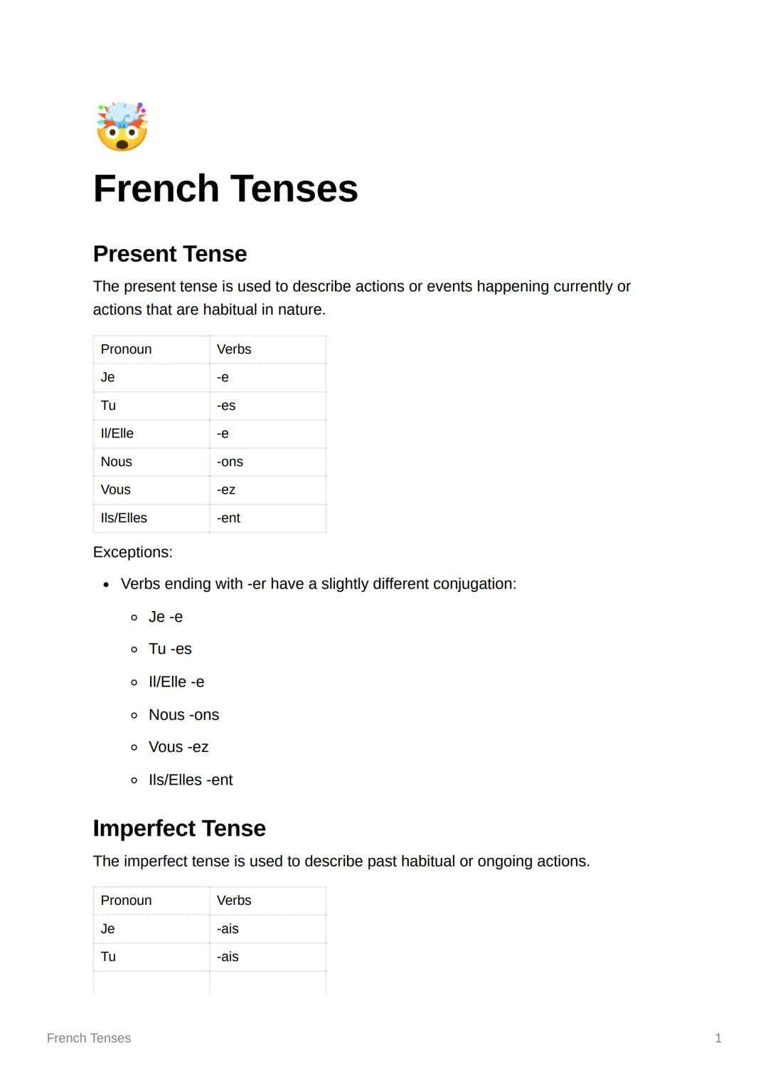 # French Tenses

Present Tense
The present tense is used to describe actions or events happening currently or
actions that are habitual in n