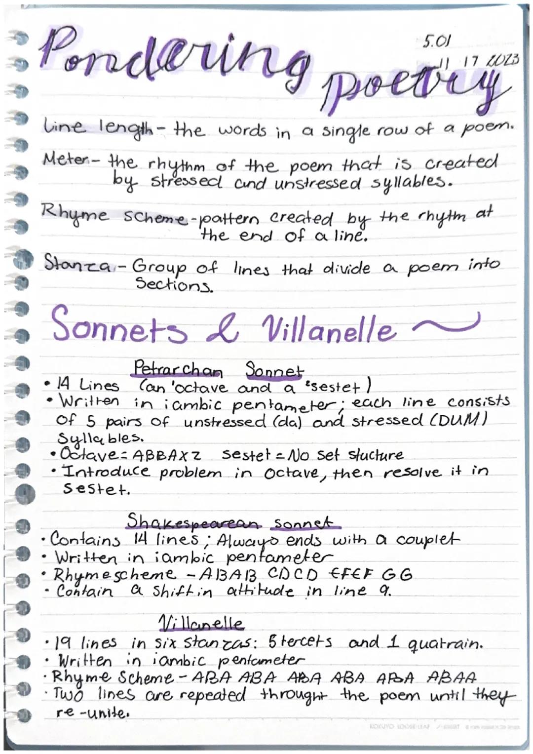5.01
Pondering poetry
Line length-the words in a single row of a poem.
Meter- the rhythm of the poem that is created
by stressed and unstres