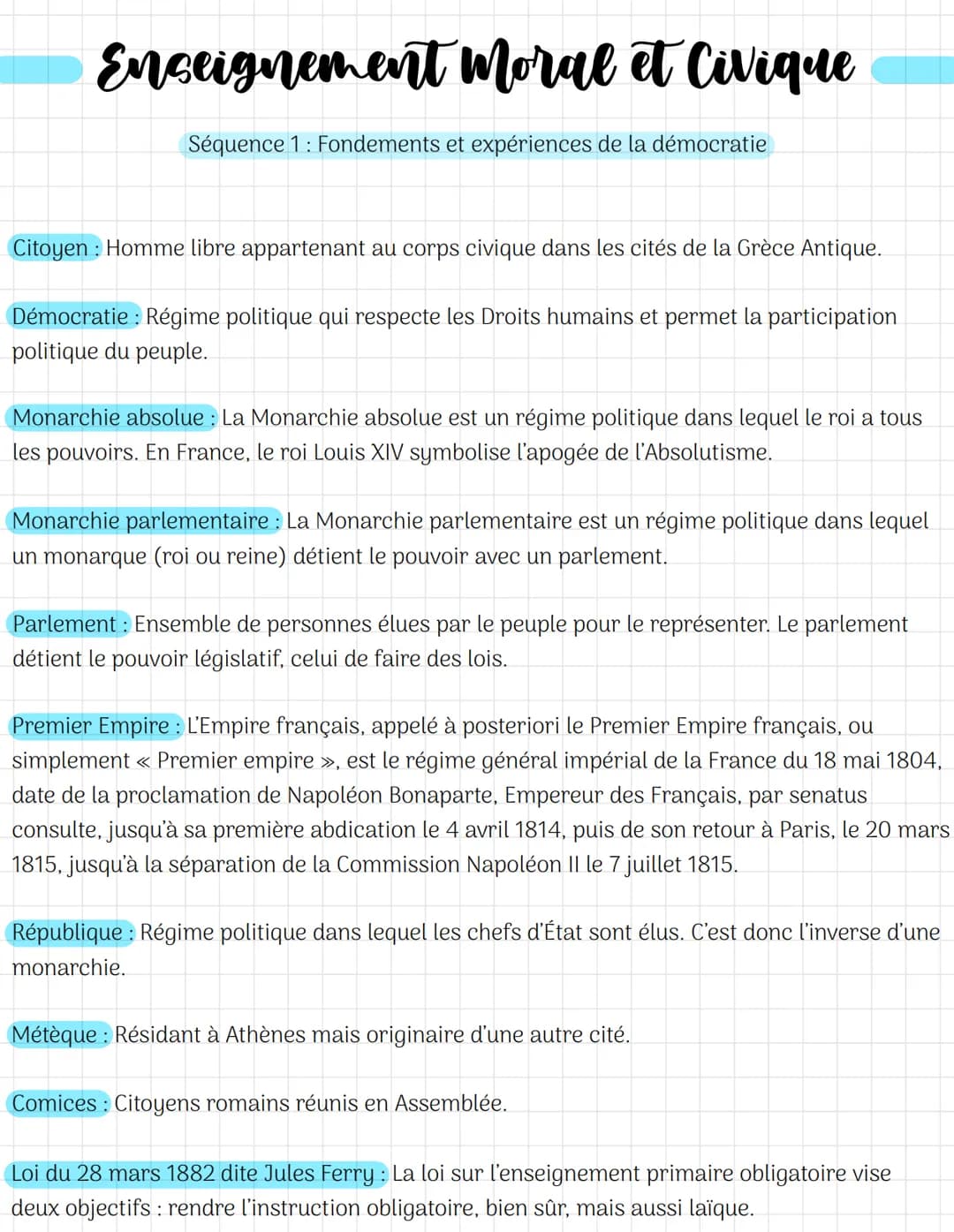# Enseignement Moral et Civique

Séquence 1: Fondements et expériences de la démocratie

Citoyen: Homme libre appartenant au corps civique d