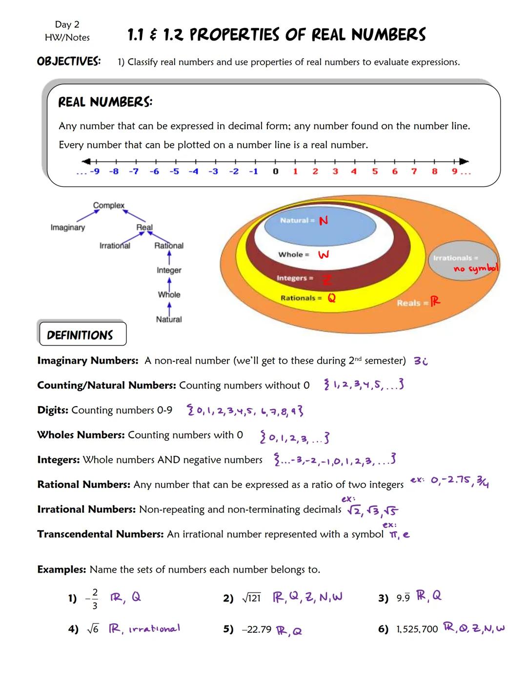 Day 2
HW/Notes

1.1 & 1.2 PROPERTIES OF REAL NUMBERS

OBJECTIVES: 1) Classify real numbers and use properties of real numbers to evaluate ex