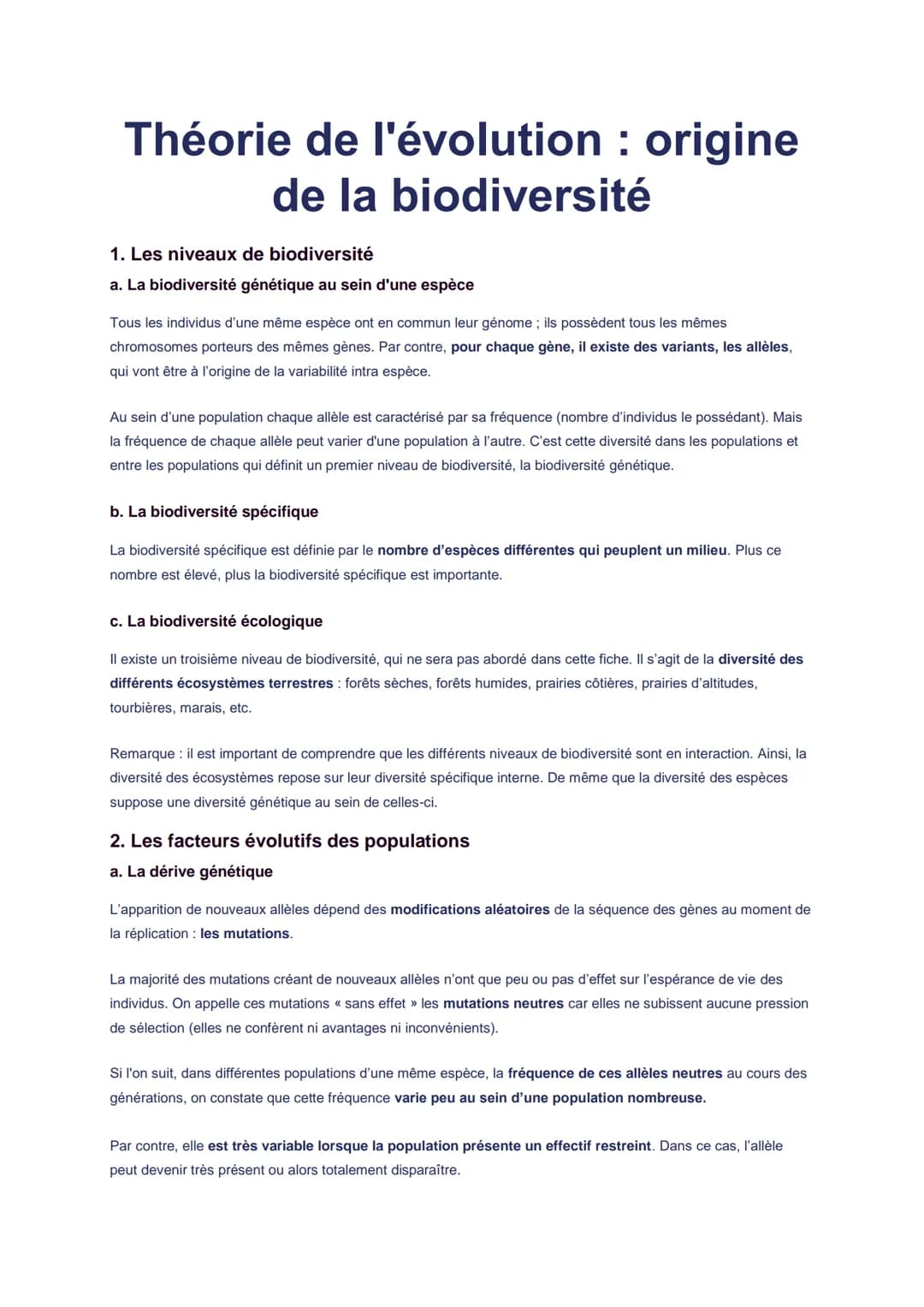 # Théorie de l'évolution : origine
de la biodiversité

1. Les niveaux de biodiversité

a. La biodiversité génétique au sein d'une espèce

To