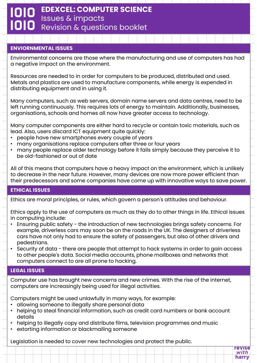 # 1010 EDEXCEL: COMPUTER SCIENCE
Issues & impacts
# 1010 Revision & questions booklet

ENVIORNMENTAL ISSUES

Environmental concerns are thos