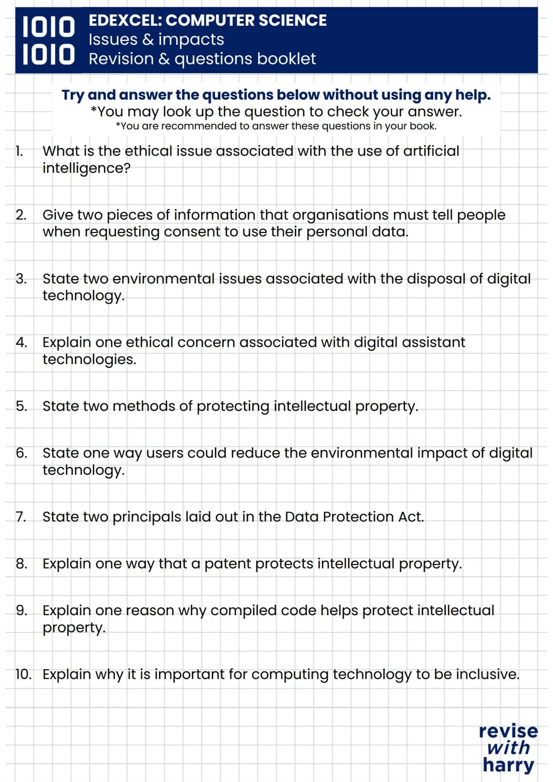 # 1010 EDEXCEL: COMPUTER SCIENCE
Issues & impacts
# 1010 Revision & questions booklet

ENVIORNMENTAL ISSUES

Environmental concerns are thos