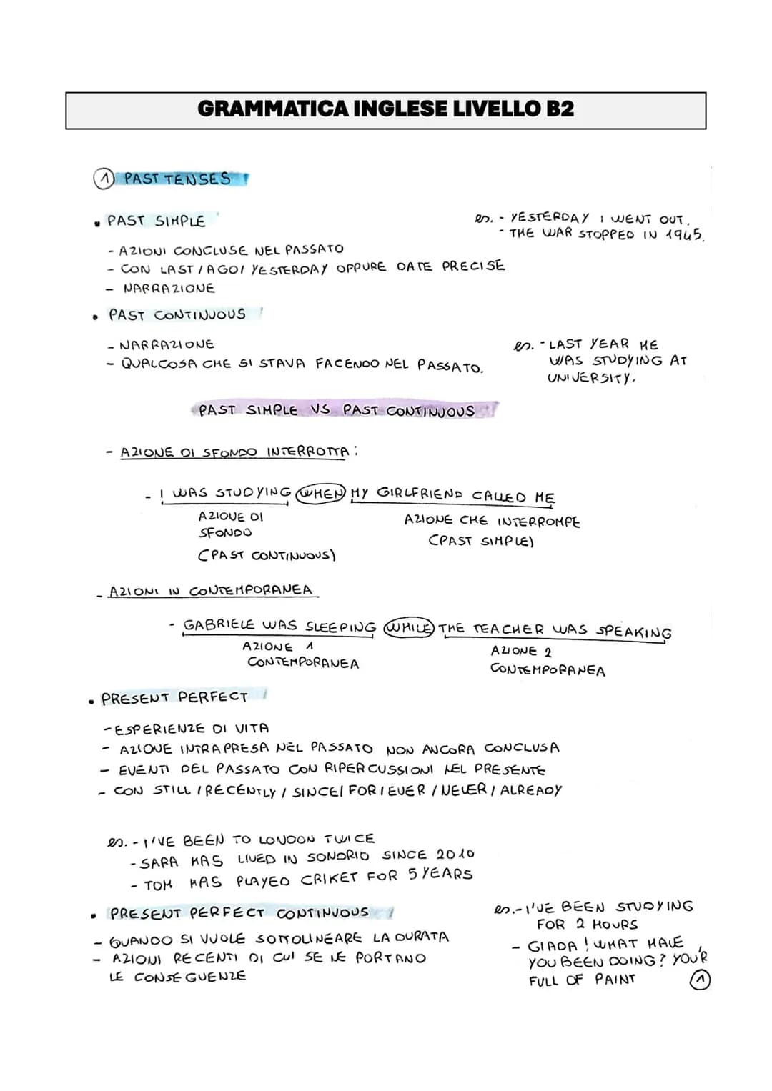 # GRAMMATICA INGLESE LIVELLO B2

① PAST TENSES

- PAST SIMPLE

  - AZIONI CONCLUSE NEL PASSATO

  - CON LAST/AGOI YESTERDAY OPPURE DATE PREC