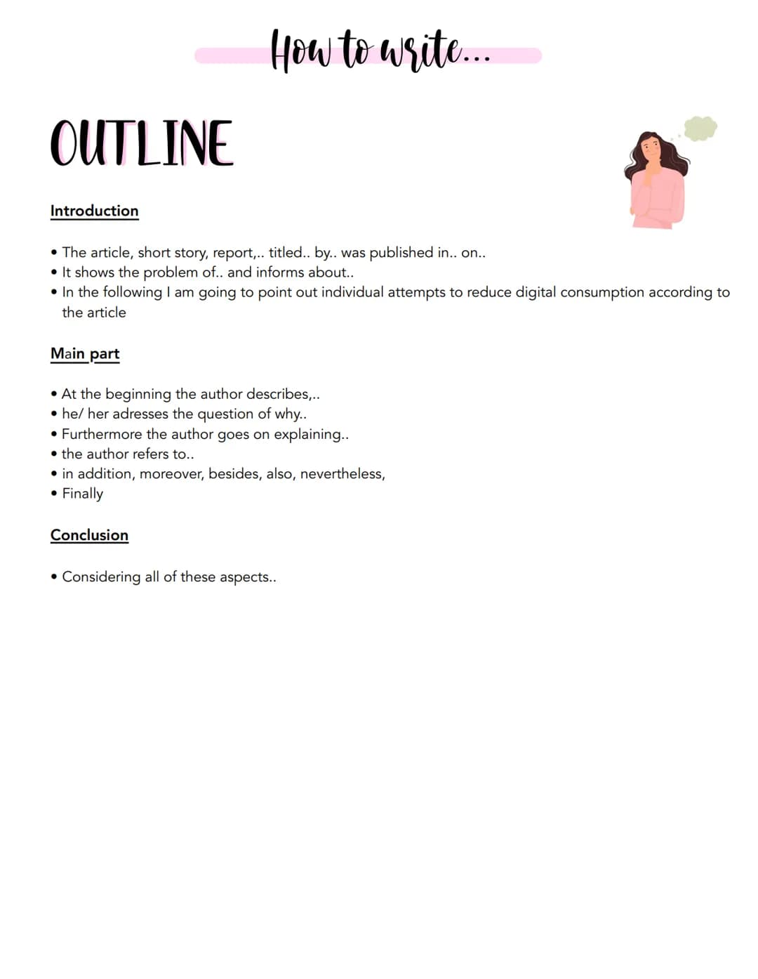 # How to write...

OUTLINE

Introduction

*   The article, short story, report,.. titled.. by.. was published in.. on..
*   It shows the pro