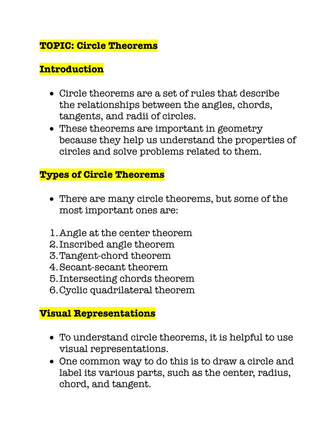 # TOPIC: Circle Theorems

Introduction

*   Circle theorems are a set of rules that describe
the relationships between the angles, chords,
t