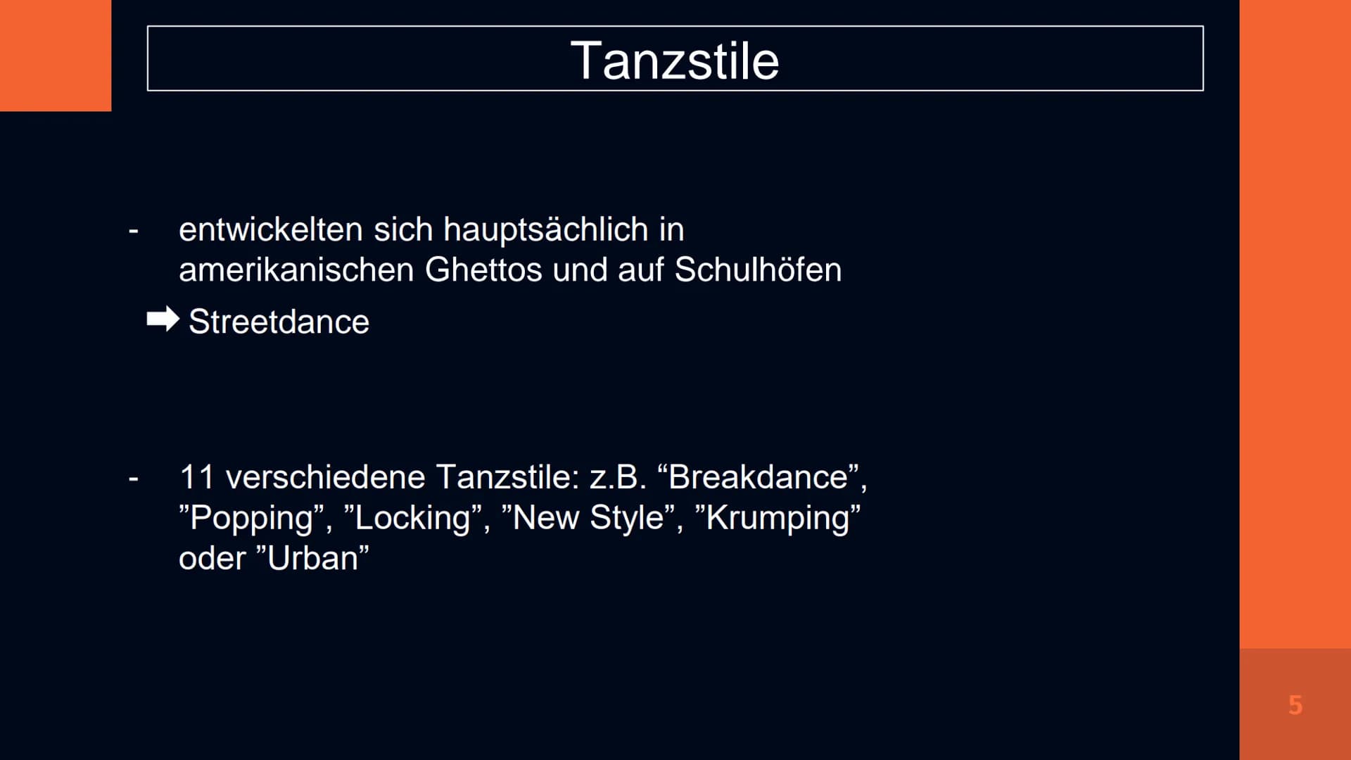 HIP HOP Verlauf

1. Allgemeines

2. Herkunft des Namens

3. Entwicklung des Tanzes

4. Tanzstile

5. Techniken des „Breakdance",,,Locking" &