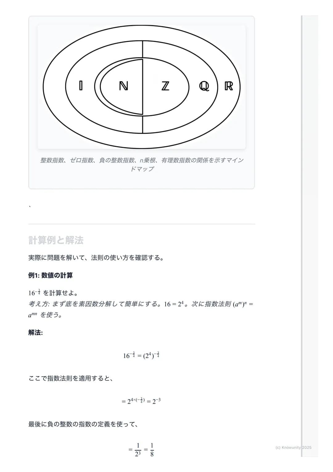 # 指数の拡張と計算

指数の拡張の概要・

中学で学んだ自然数の指数から、高校数学IIでは指数を整数、有理数、そして実
数全体にまで拡張する。これにより、$2^{-3}$や$4^{\frac{1}{2}}$のような計算が可能になる。この
拡張は、後の指数関数や対数関数を理解する
