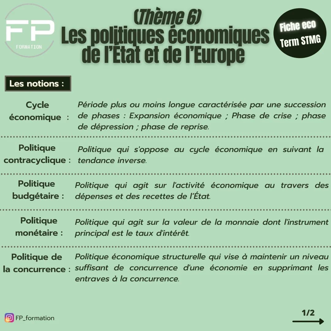 (Thème 6)
Fiche eco
Term STMG

FP Les politiques économiques Femme
de l'Etat et de l'Europe
FORMATION

Les notions:

Cycle Période plus ou m