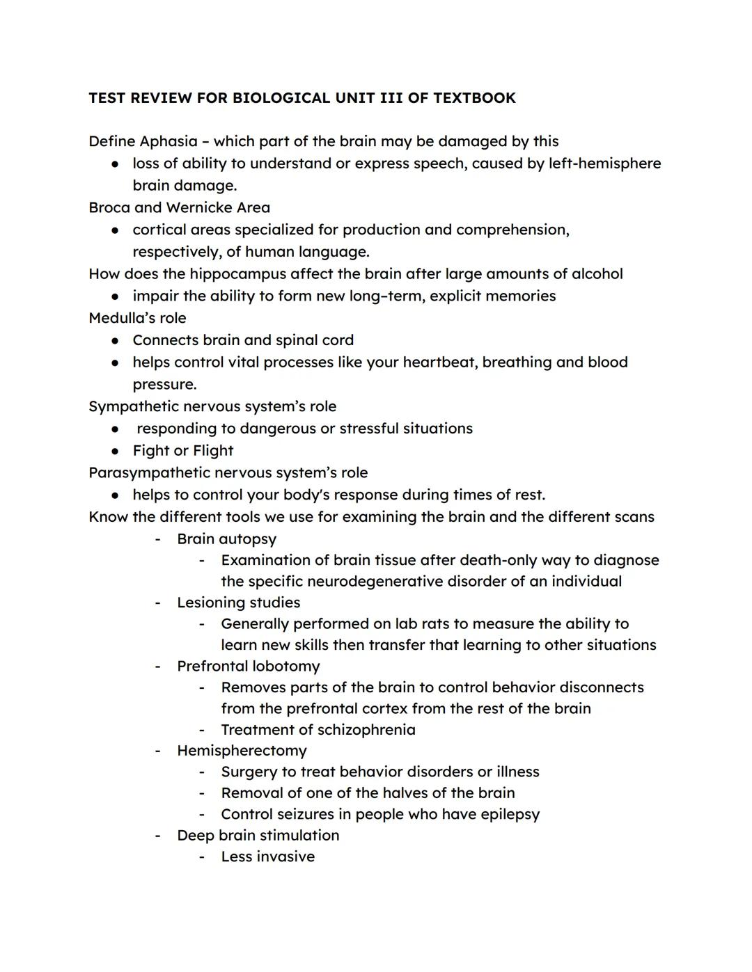 TEST REVIEW FOR BIOLOGICAL UNIT III OF TEXTBOOK

Define Aphasia - which part of the brain may be damaged by this
- loss of ability to unders