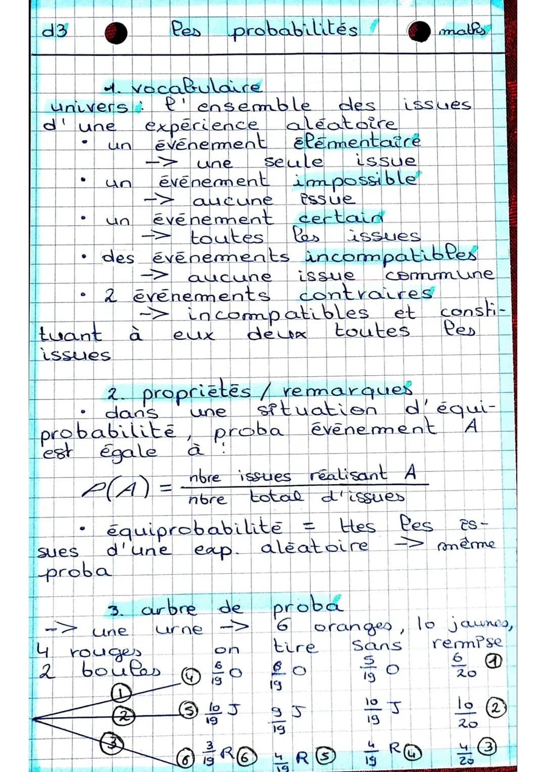 d3 Pes probabilités maths

1. vocabulaire
Univers : l'ensemble des issues
d'une expérience aléatoire
un événement élémentaire
 -> une seule 