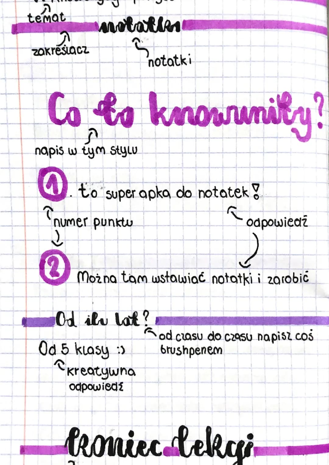 temat

zakresiącz

notates

notatki

Co to knowrunity?

napis w tym stylu

4. to super apka, do notatek!

Tnumer punktu

odpowiedź

②

Można