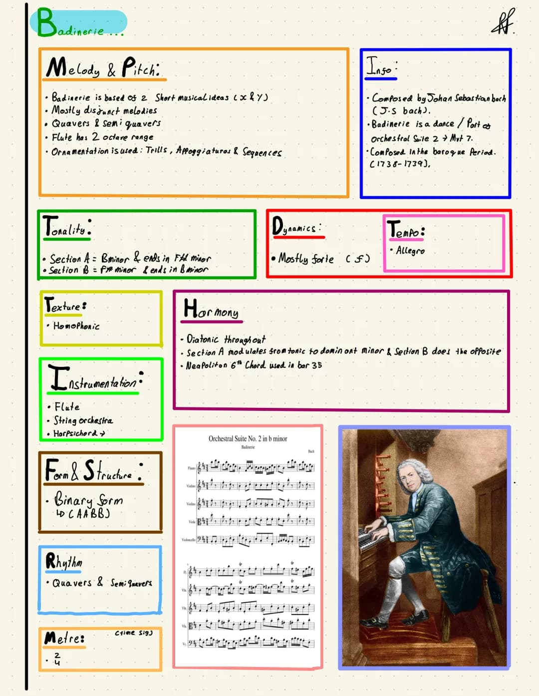 # Badinerie...

# Melody & Pitch:
- Badinerie is based of 2 Short musicalideas (x & y)
- Mostly disjunct melodies
- Quavers & semi quavers
-
