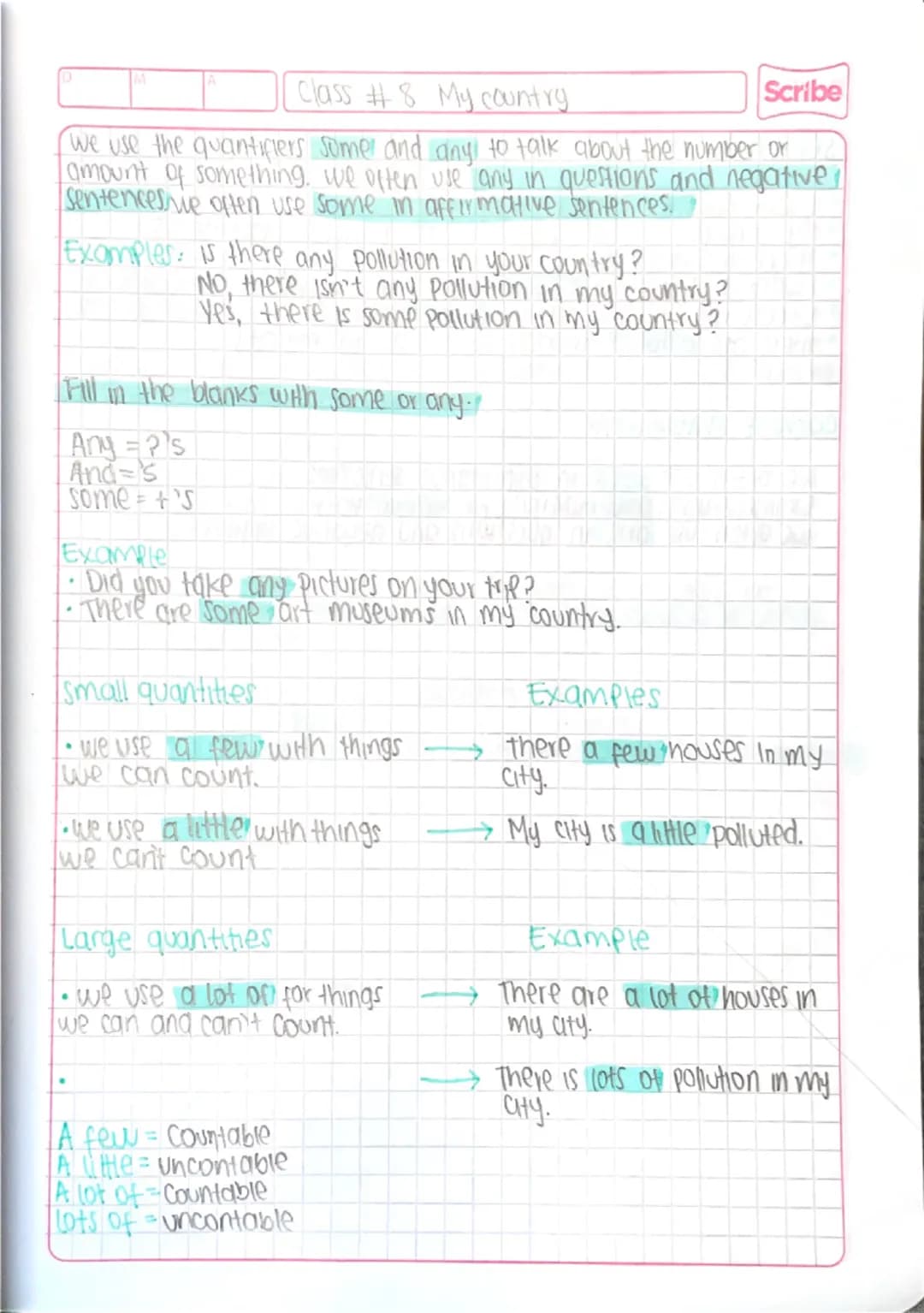 Class #8 My country.
Scribe
we use the quantifiers some and any to talk about the number or
amount of something. we often use any in questio