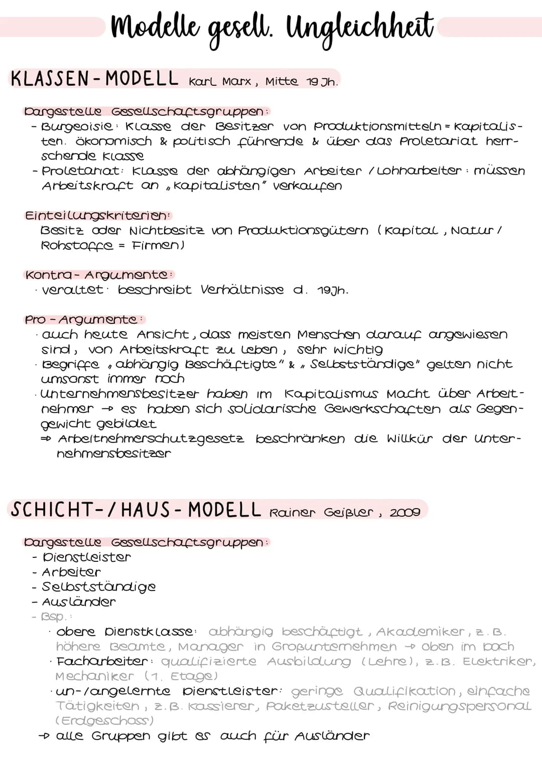 # Modelle gesell. Ungleichheit

KLASSEN-MODELL Karl Marx, Mitte 19 Jh.

bargestelle Gesellschaftsgruppen:
- Burgeoisie Klasse der Besitzer v