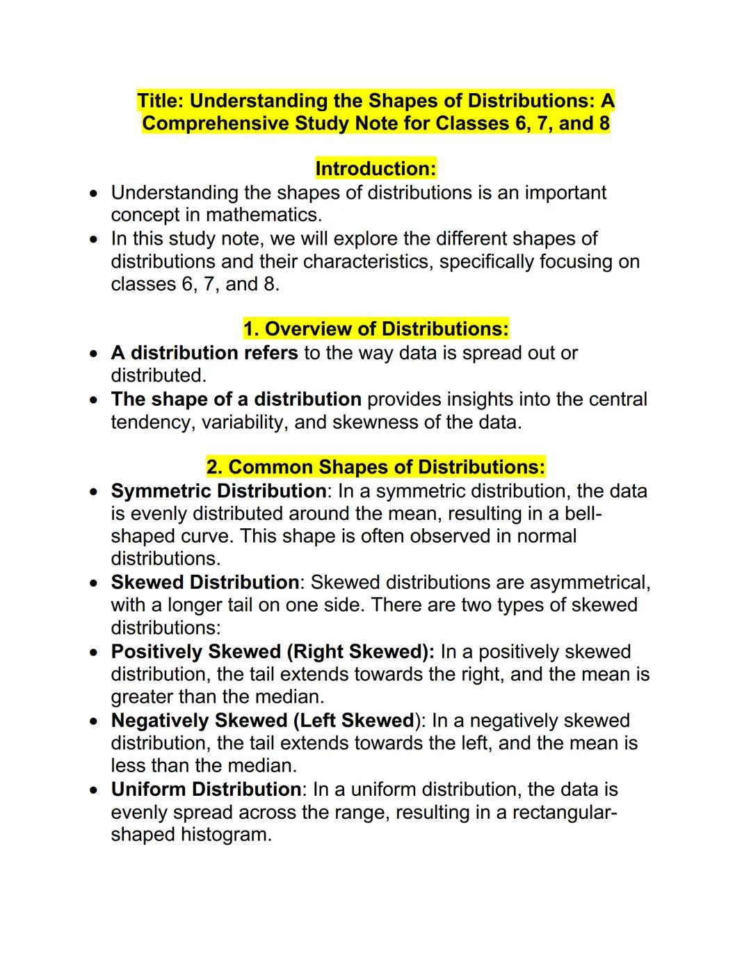 # Title: Understanding the Shapes of Distributions: A
Comprehensive Study Note for Classes 6, 7, and 8

## Introduction:

*   Understanding 