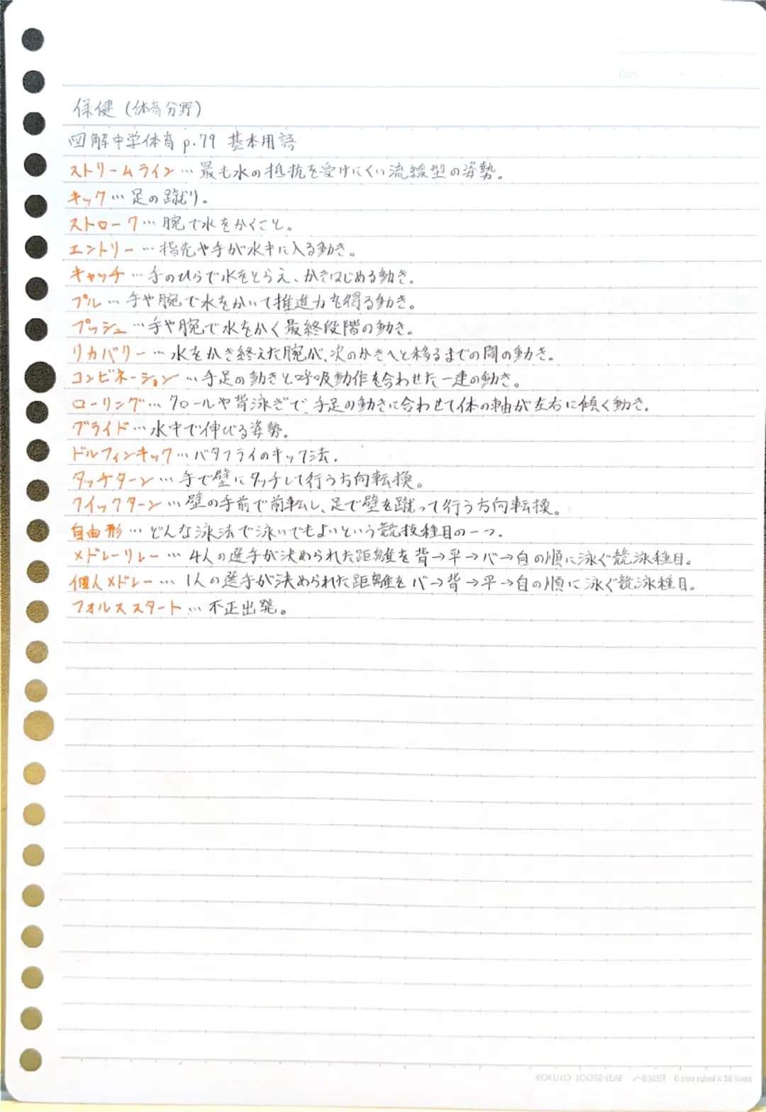 保健(体育分野)

図解中学体育 p.79 基本用語

ストリームライン・・・最も水の抵抗を受けにくい流線型の姿勢。

キック・・・足の蹴り。

ストローク・・・腕で水をかくこと。

エントリー・・・指先や手が水中に入る動き。

キャッチ・・・・手のひらで水をとらえ、かきはじめる