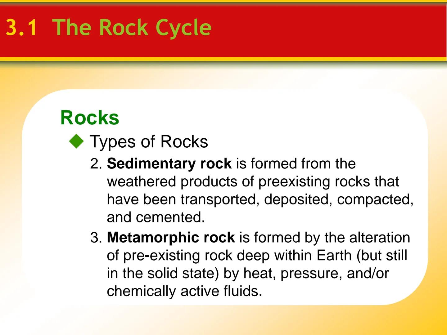 # Chapter

# 3 Rocks # 3.1 The Rock Cycle

Rocks

*   Rocks are any solid mass of mineral or
mineral-like matter occurring naturally
as part