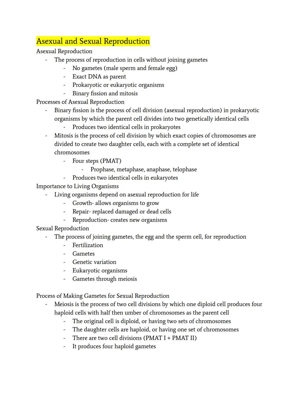 # Asexual and Sexual Reproduction

- Asexual Reproduction
  - The process of reproduction in cells without joining gametes
    - No gametes 